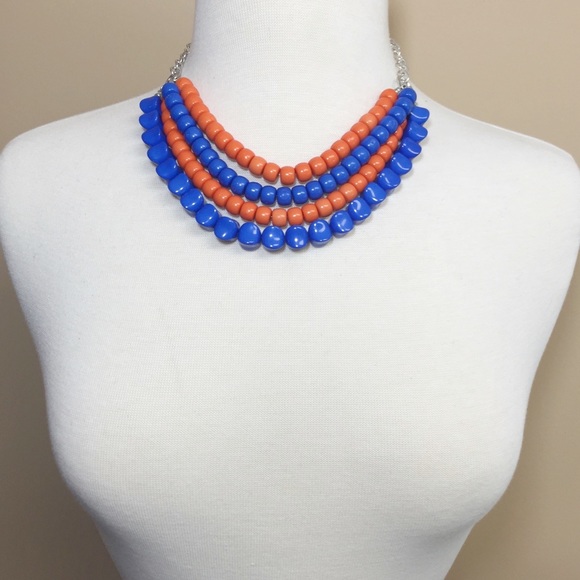 4 Row Bead Royal Blue Orange Necklace Earrings Set - Picture 3 of 3